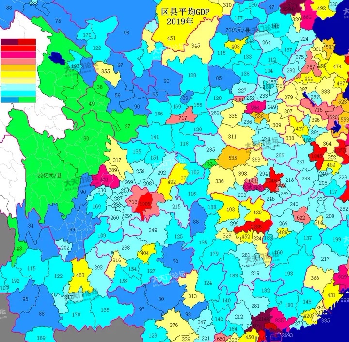下图中行政区颜色越深,平均而言经济越发达